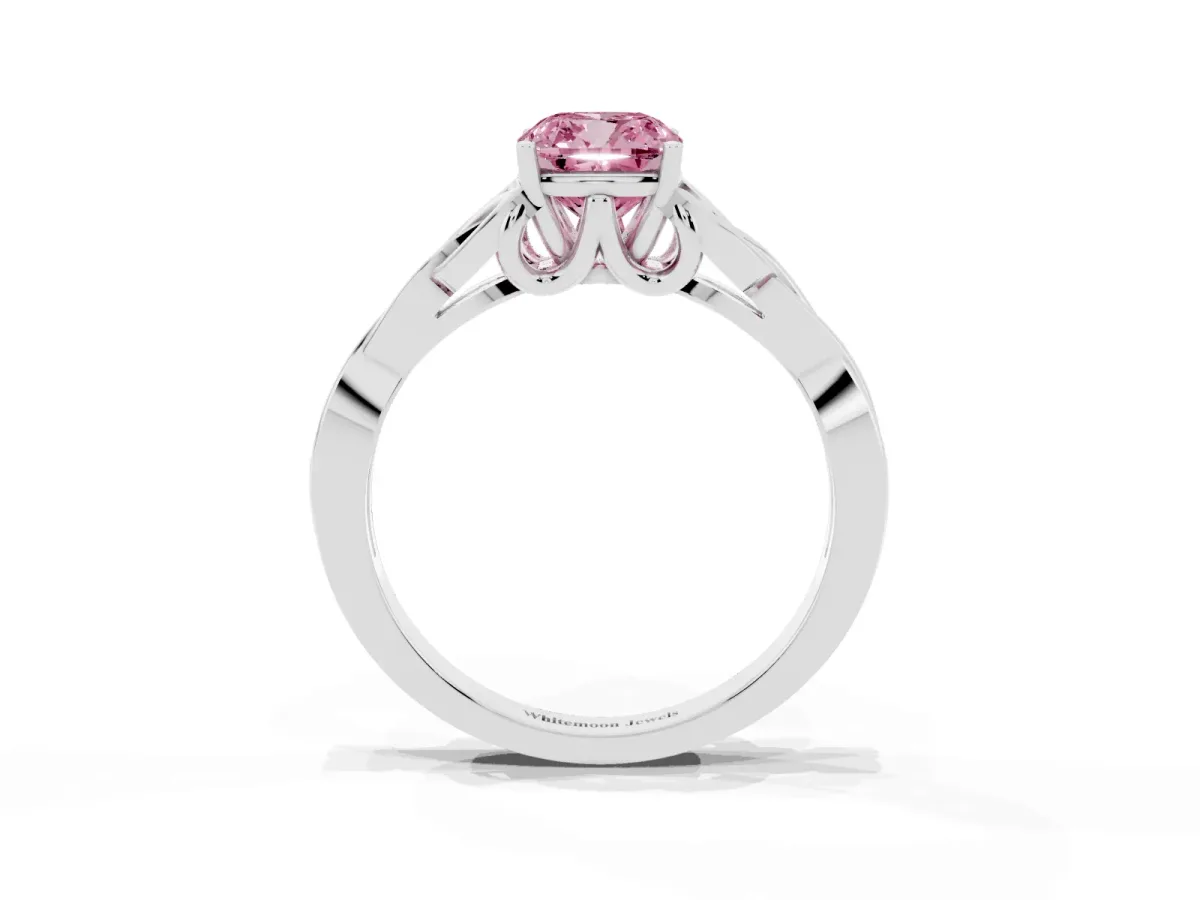 Fancy Pink Cushion Cut Diamond Solitaire Engagement Ring with Celtic Knot Band and Four-Prong Setting Platinum