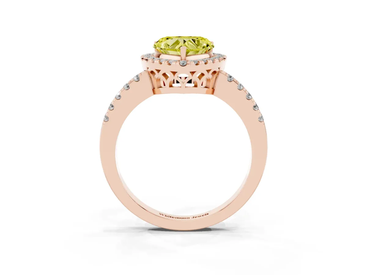 Fancy Yellow Heart Cut Halo Diamond Engagement Ring with Pavé Band and Four-Prong Setting Rose gold