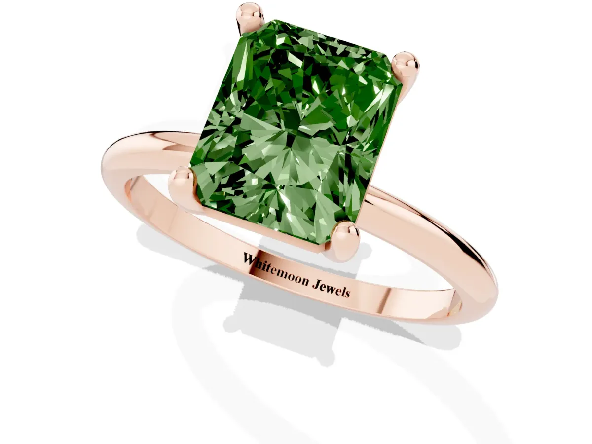 Fancy Green Radiant Cut Solitaire Diamond Ring with 4-Prong Setting on a Classic Band Rose gold