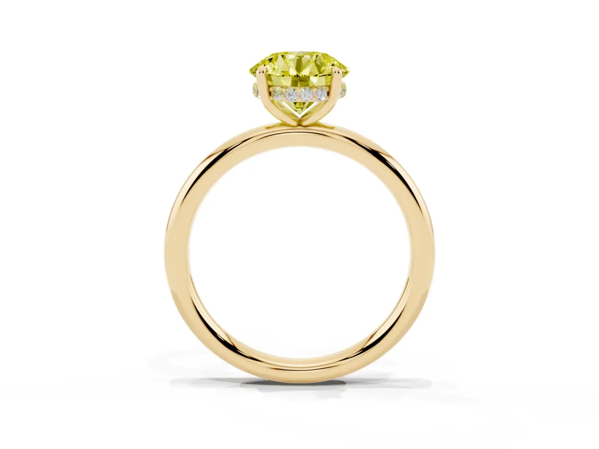 Fancy Yellow Round Cut Diamond Solitaire Ring with Thin Band and Four-Prong Setting Yellow gold