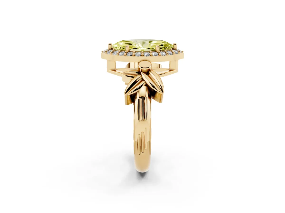 Fancy Yellow Marquise Cut Halo Diamond Floral Band with Four-Prong Setting Yellow gold