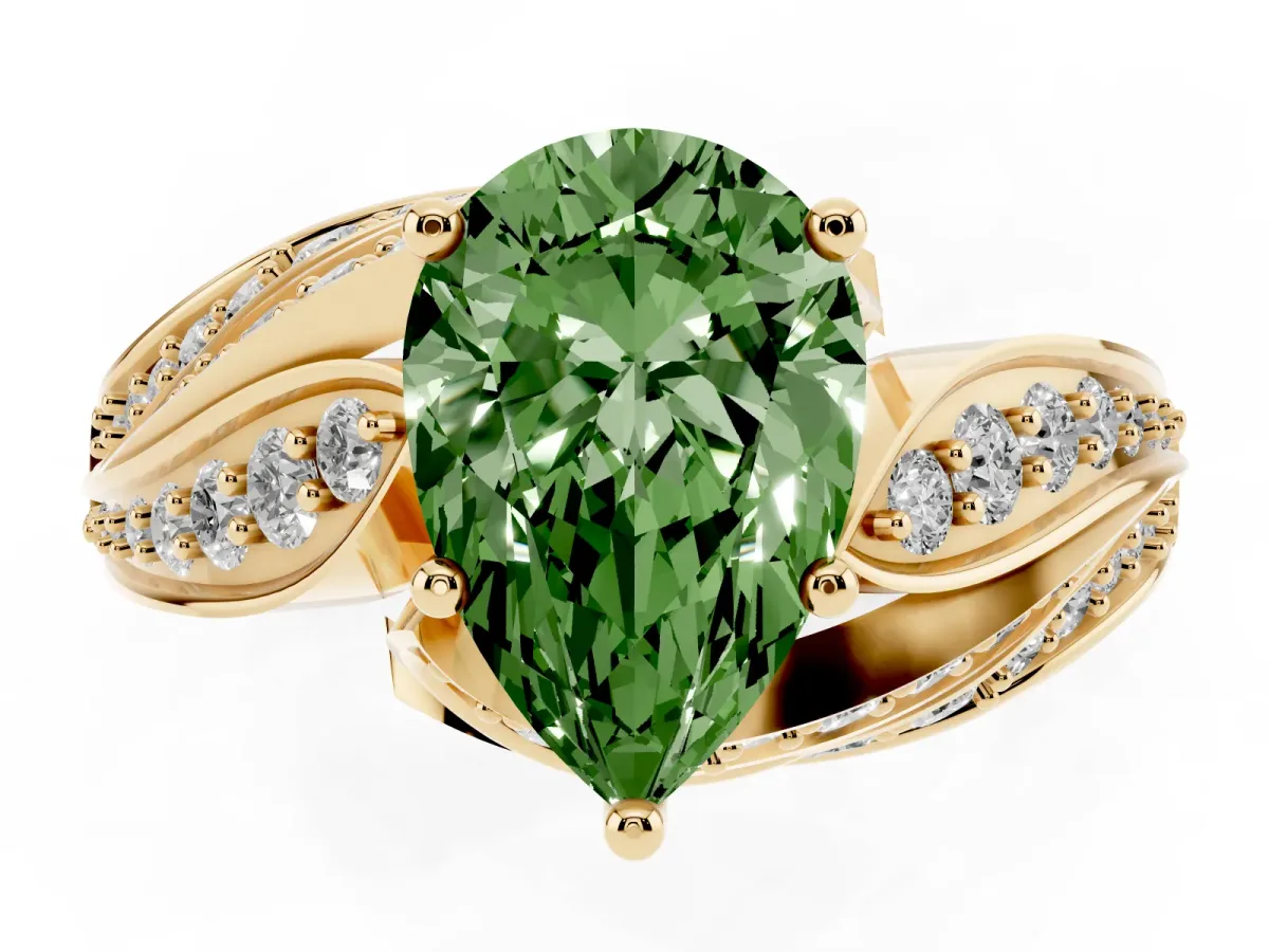 Fancy Green Pear Cut Diamond Solitaire Ring with Prong Setting and Twisted Pavé Band Yellow gold
