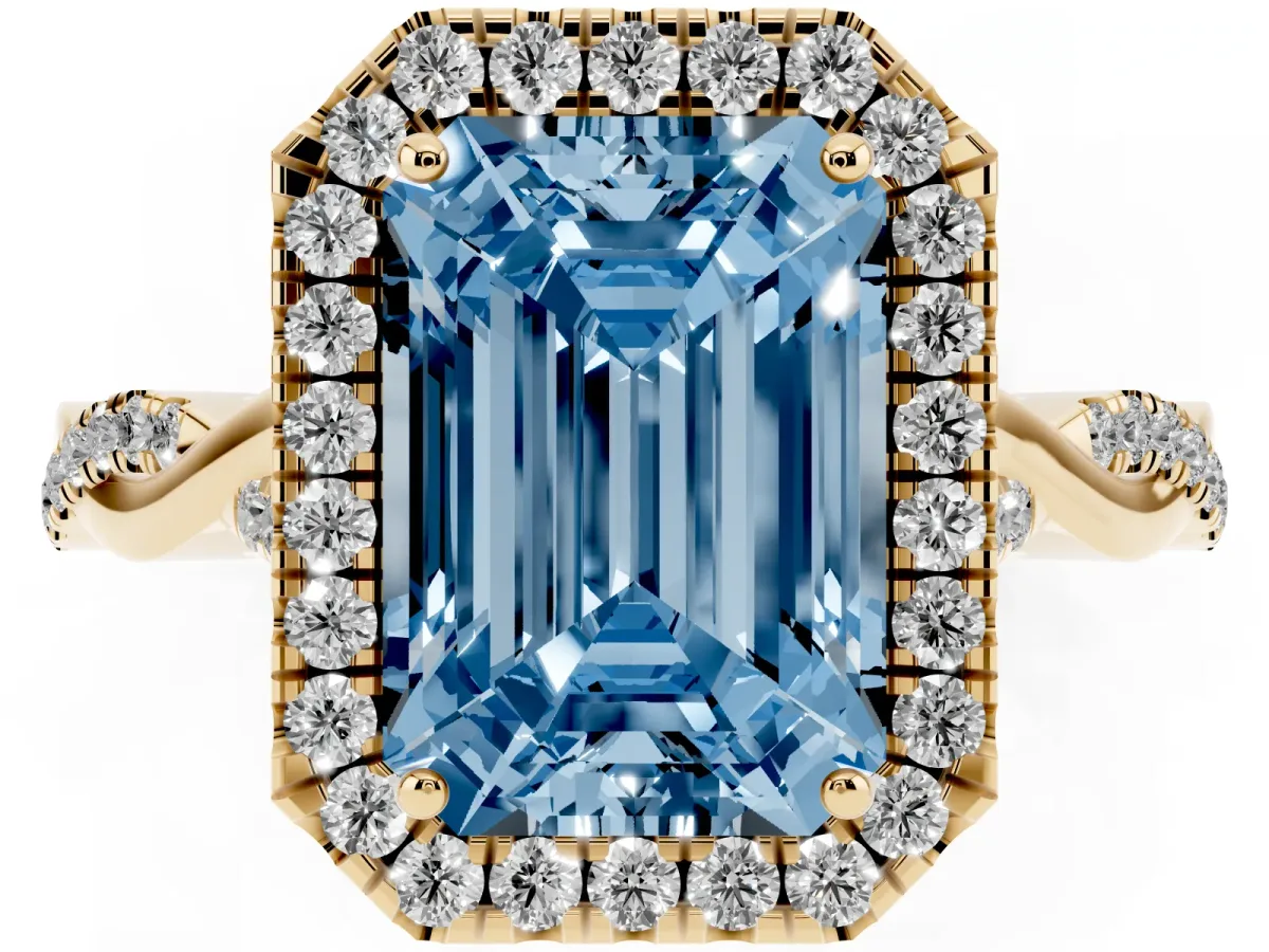 Fancy Blue Emerald Cut Halo Twist Band Solitaire Ring Yellow gold
