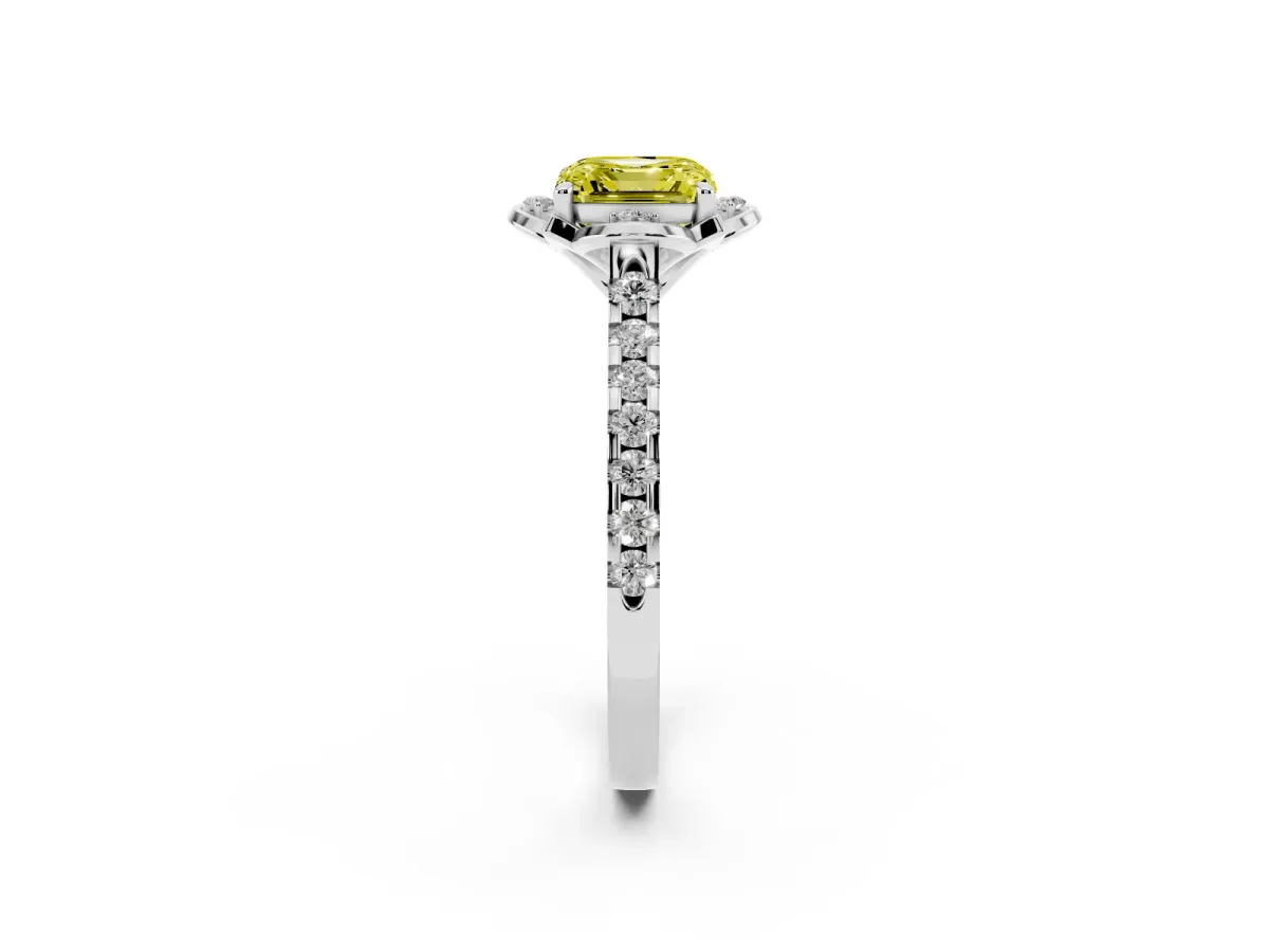 Fancy Yellow Asscher Cut Diamond Ring with Pavé Band and Floral Prong Setting Silver