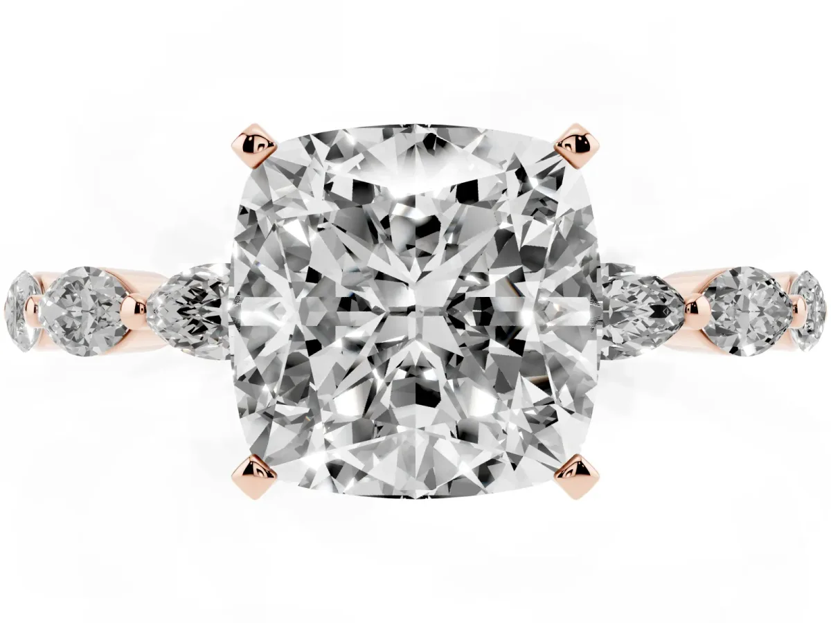 Cushion Cut Diamond Ring with Marquise Side Stones and Prong Setting Rose gold