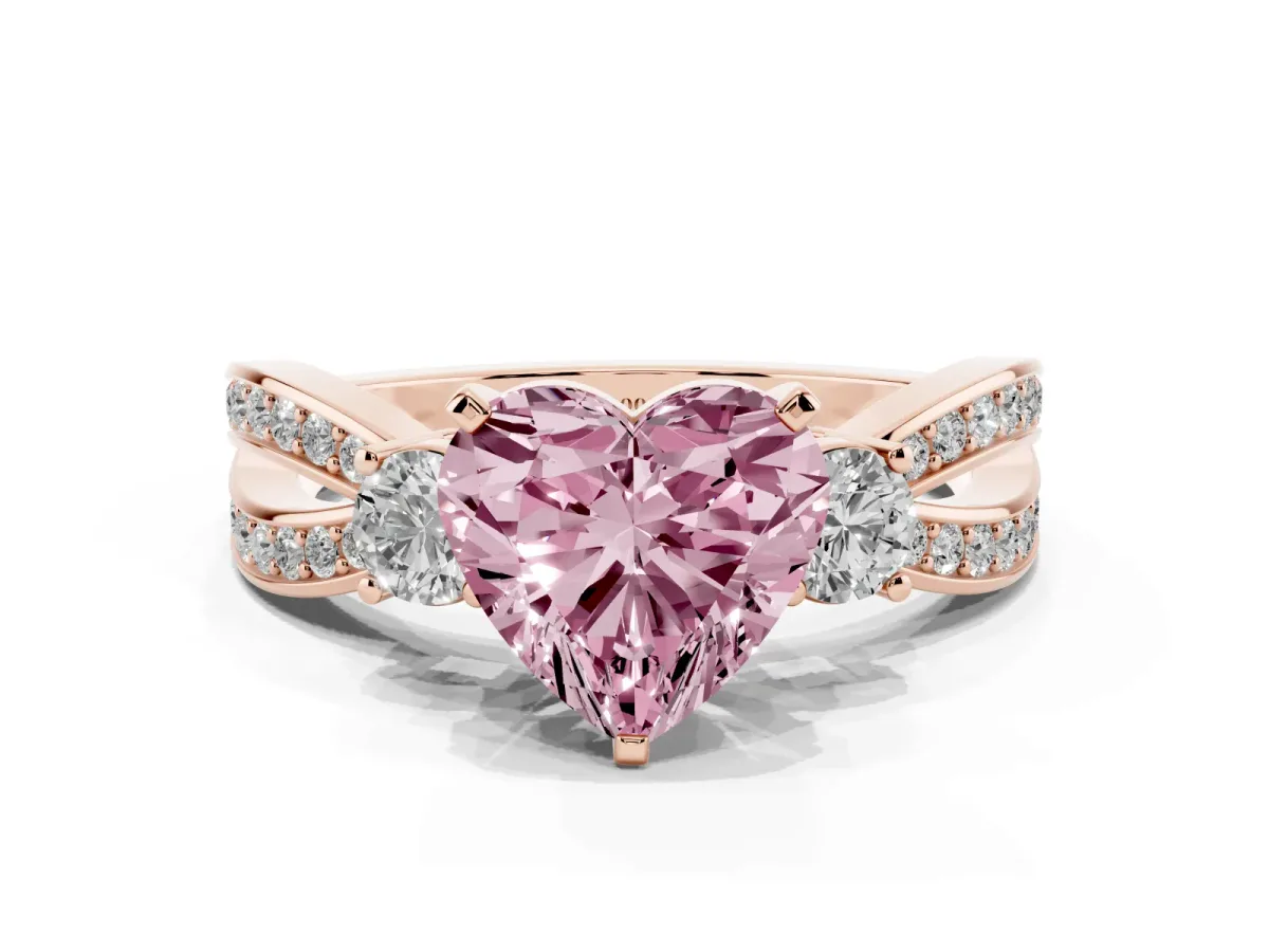 Fancy Pink Three-Stone Heart Cut Cut Diamond Twist Band with Prong Setting Rose gold