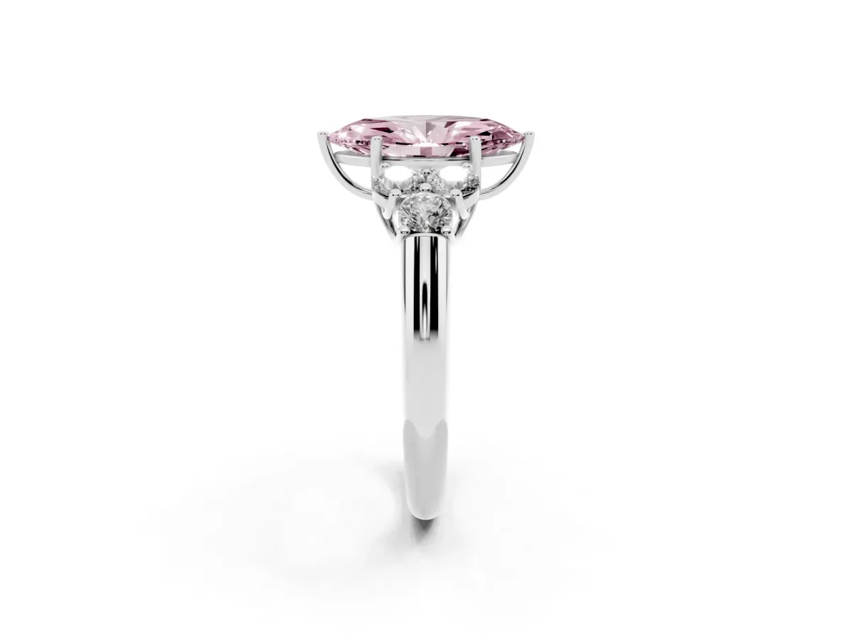 Fancy Pink Marquise Cut Cut Diamond Cluster Ring with Round Accent Stones and Prong Setting on a Classic Band Platinum