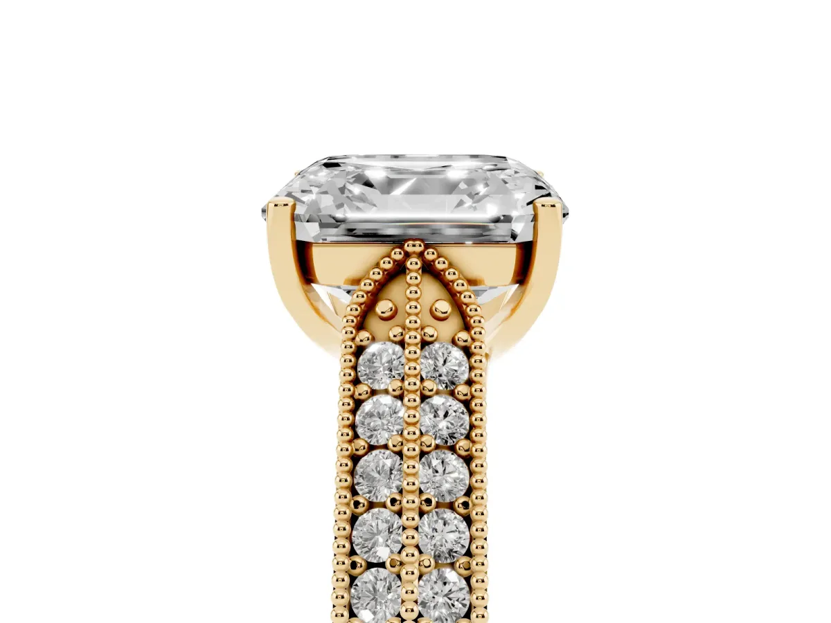 Asscher Cut Cut Pave Split Shank Engagement Ring with Four-Prong Setting Yellow gold