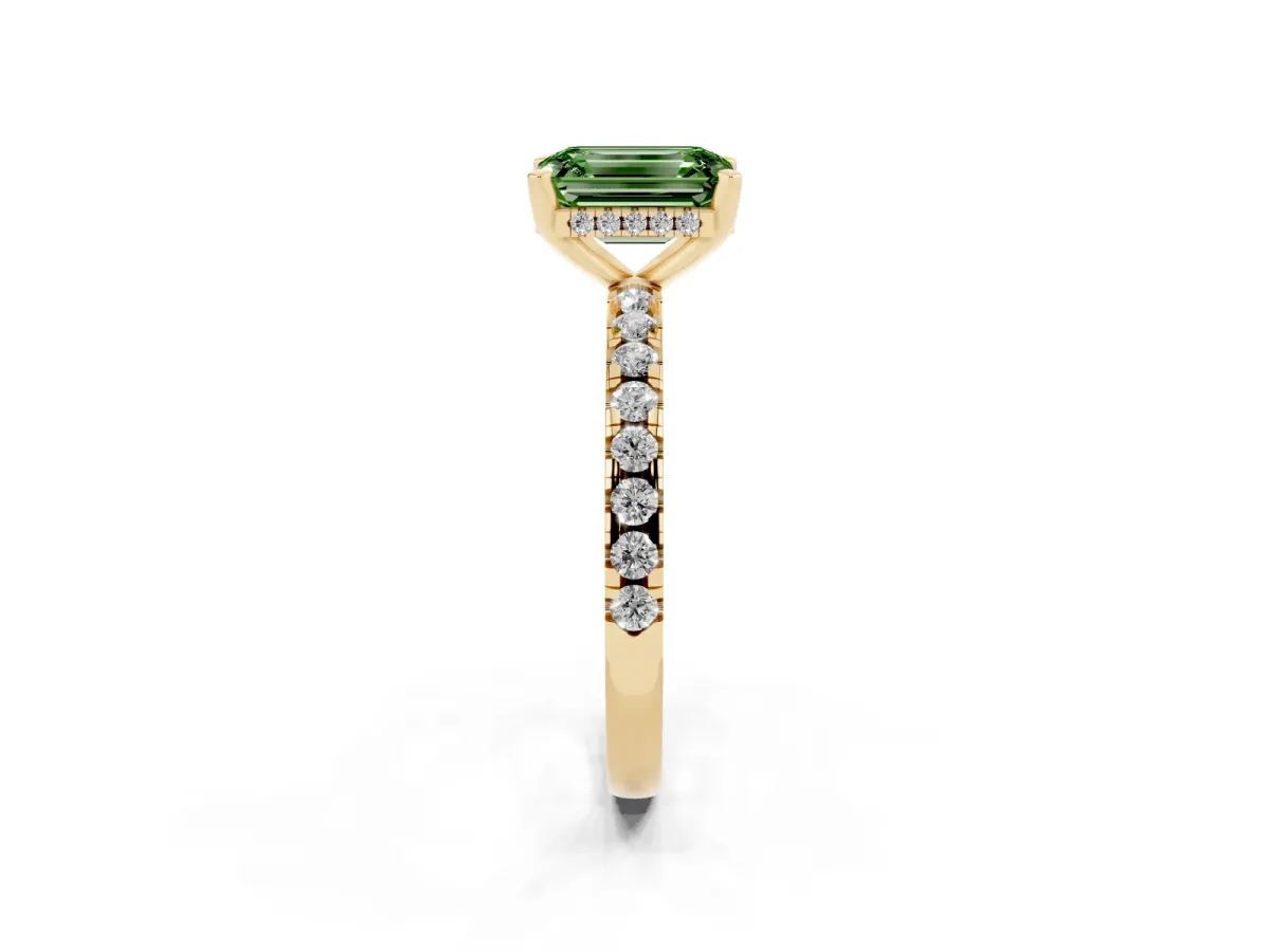 Fancy Green Emerald Cut Diamond Solitaire Ring with Round Pavé Band and Four-Prong Setting Yellow gold
