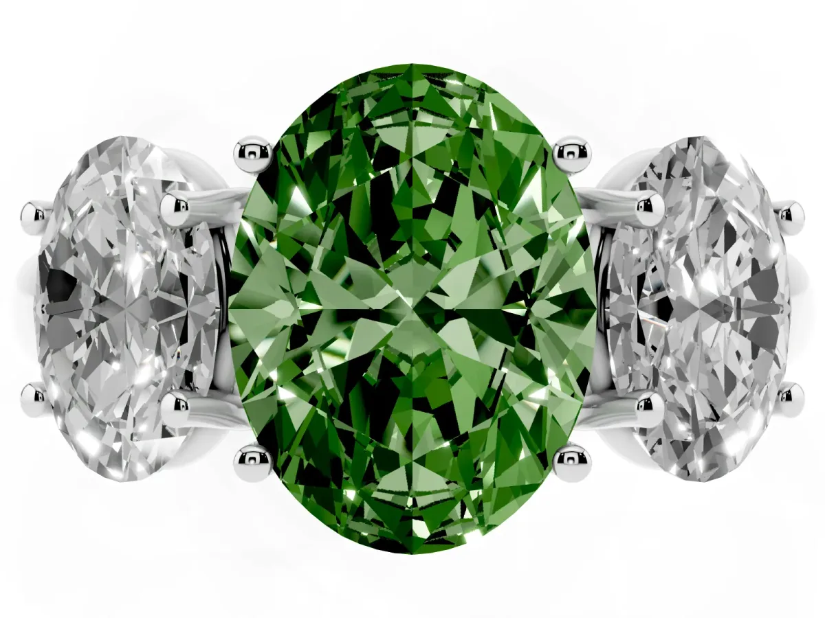 Fancy Green Three-Stone Oval Cut Diamond Engagement Ring with Prong Setting Platinum