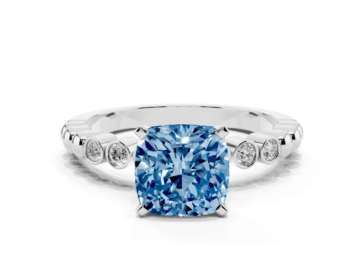 Fancy Blue Cushion Cut Solitaire Bezel Accent Diamond Engagement Ring with Beaded Band and Four-Prong Setting Silver