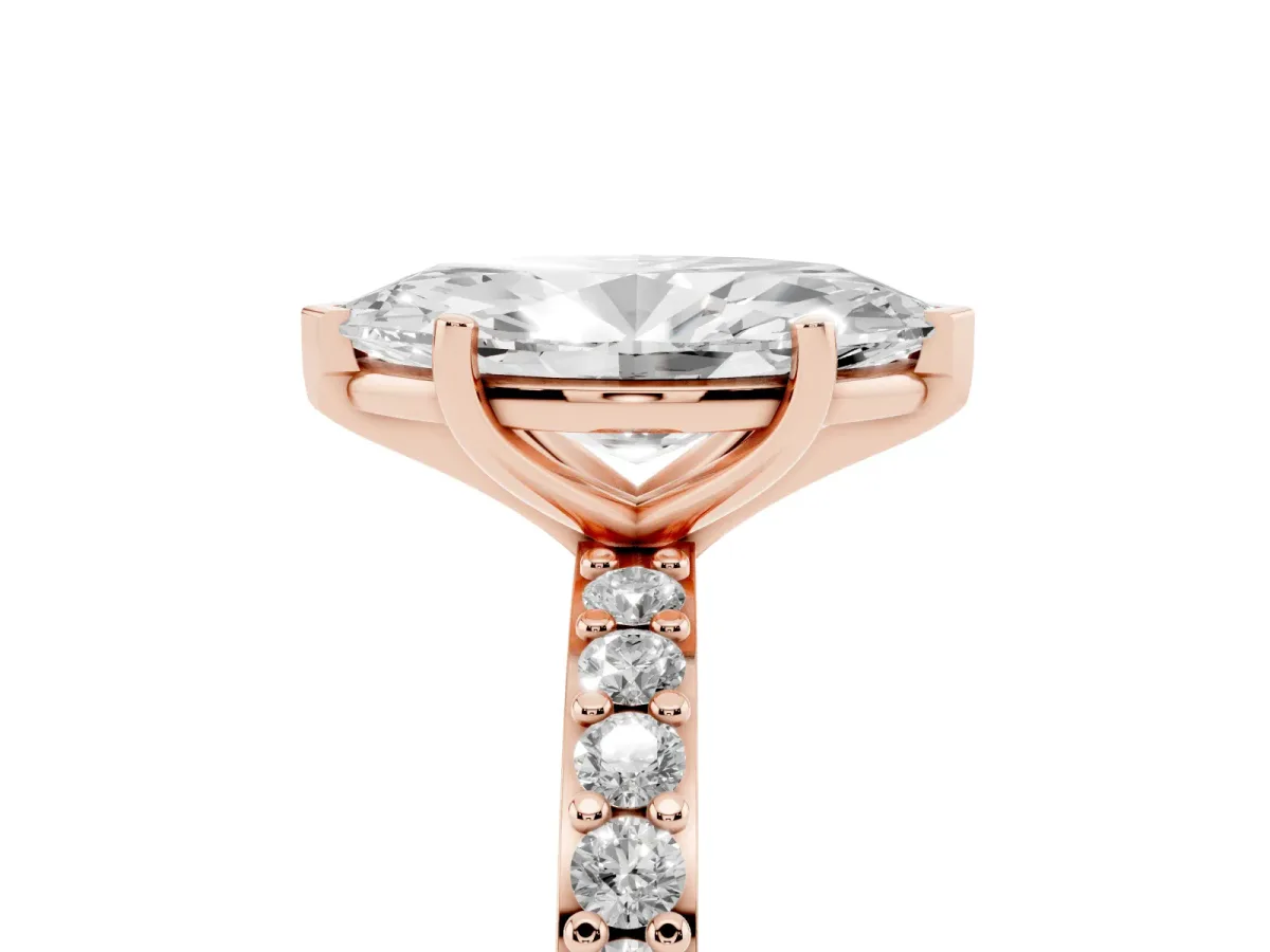 Marquise Cut Cut Diamond Solitaire with Pave Band and Four-Prong Setting Rose gold