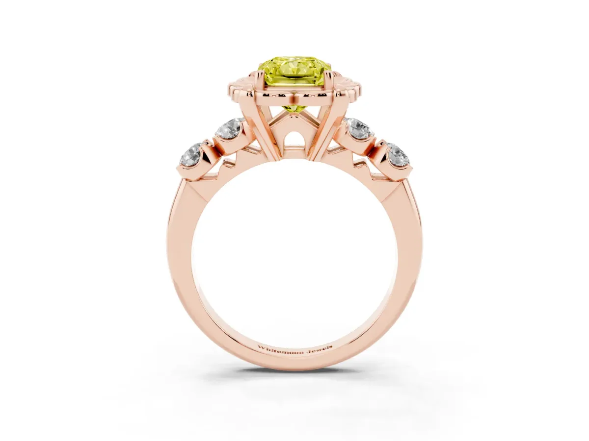 Fancy Yellow Radiant Cut Cut Diamond Floral Halo Engagement Ring with Shared Prong Setting Rose gold