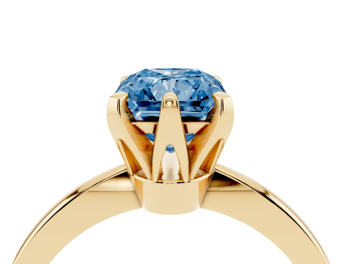 Fancy Blue Radiant Cut Solitaire Engagement Ring with Six-Prong Setting and Tapered Band Yellow gold