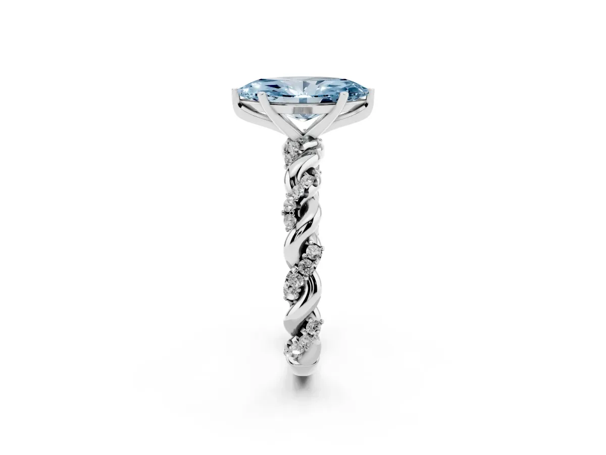 Fancy Blue Marquise Cut Diamond Solitaire Ring with Twisted Band and Pavé Accents Silver