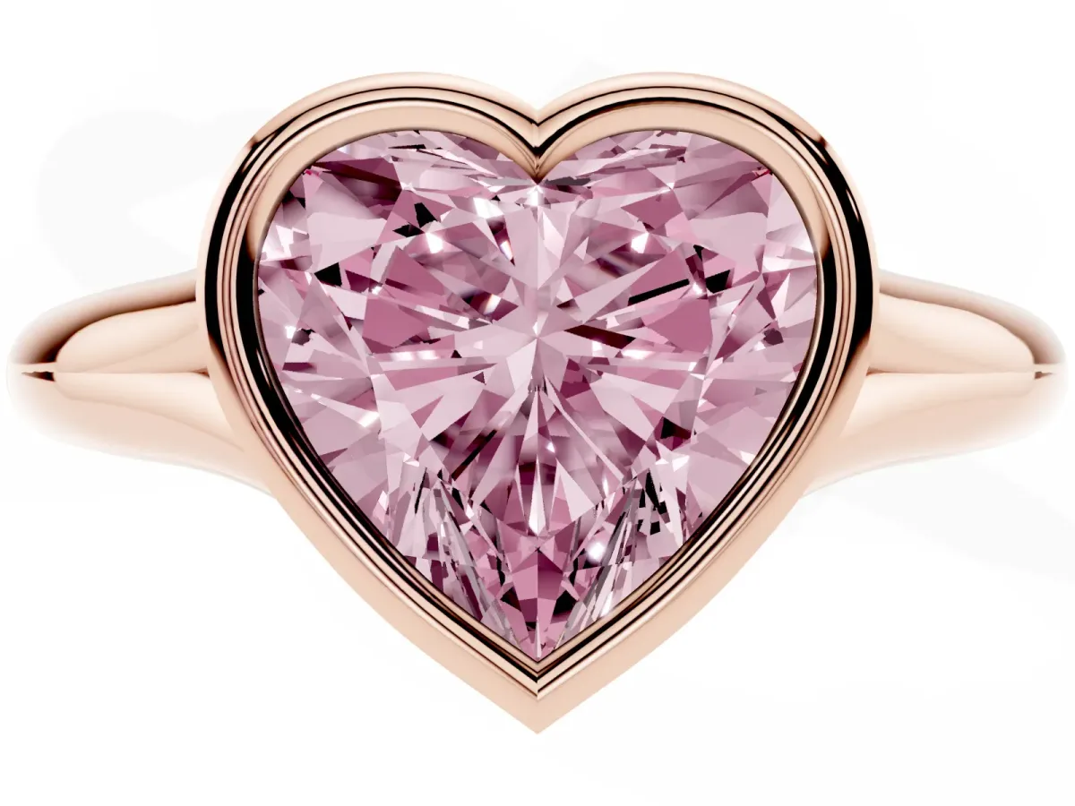 Fancy Pink Bezel Set Heart Cut Solitaire Diamond Ring with Smooth Band Rose gold