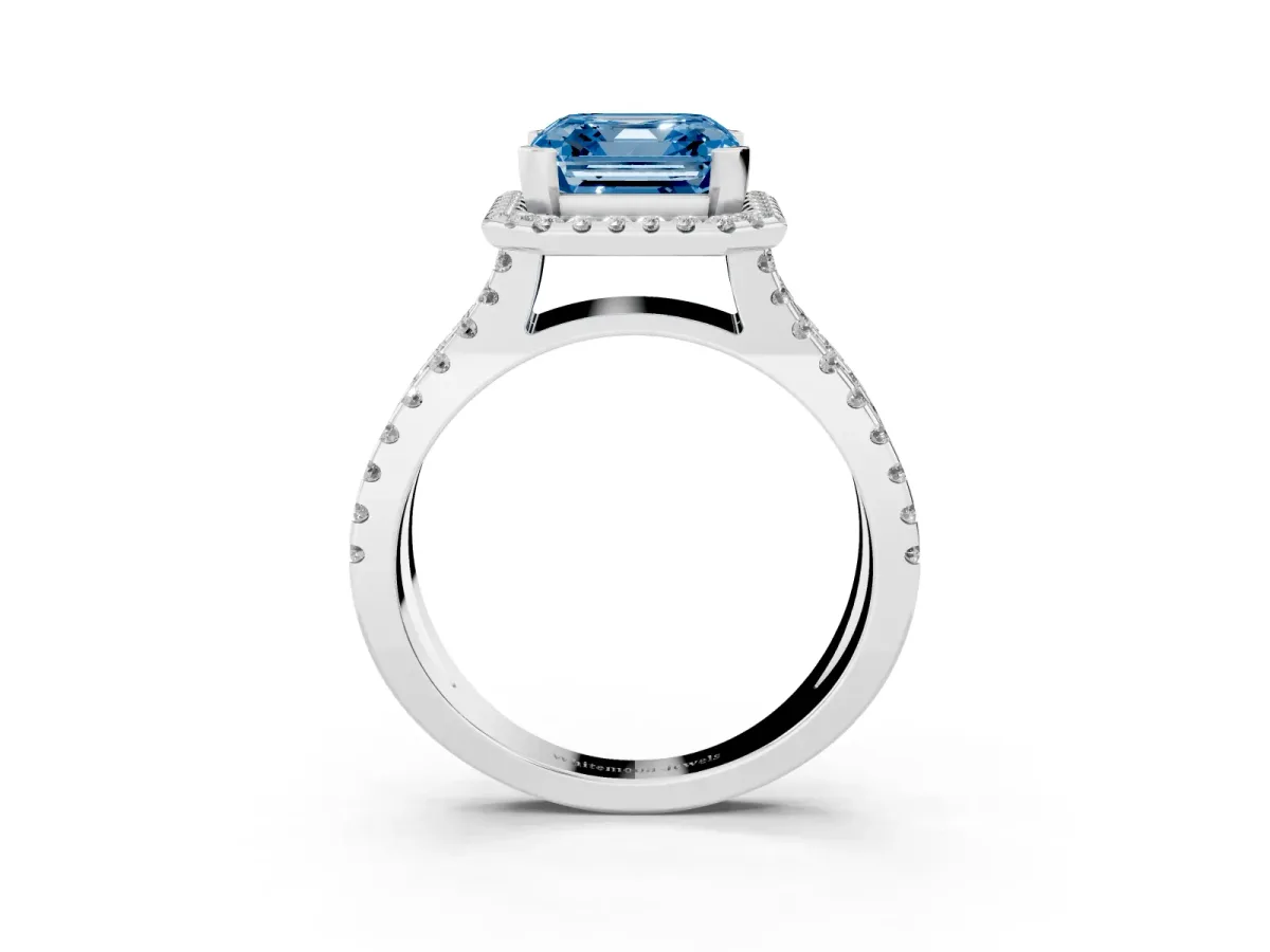 Fancy Blue Asscher Cut Diamond Halo Ring with Split Shank Pavé Band and Prong Setting Silver