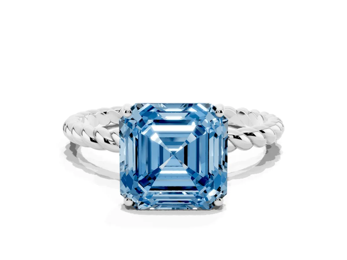 Fancy Blue Asscher Cut Solitaire Twisted Band 4-Prong Ring Silver