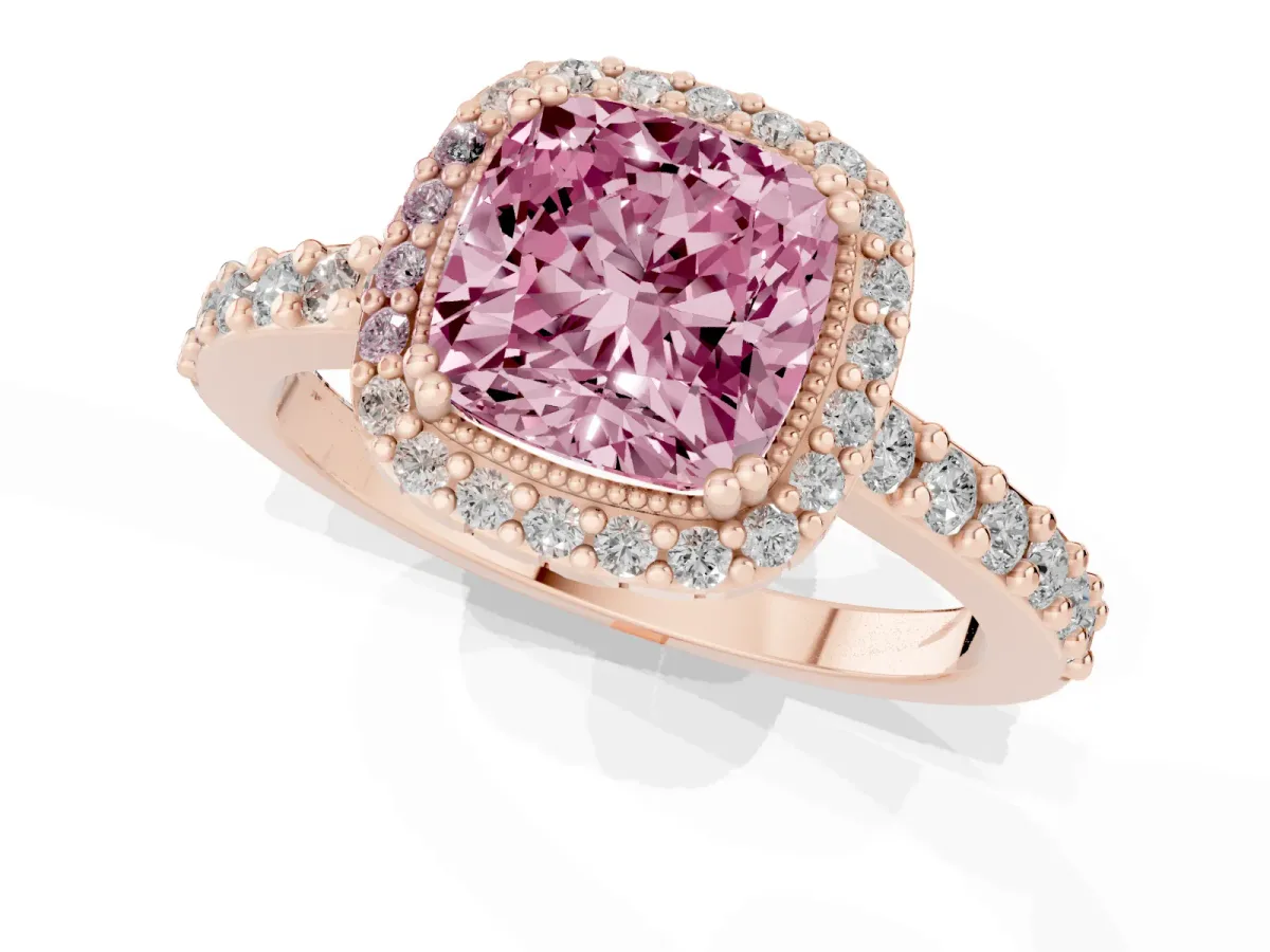 Fancy Pink Cushion Cut Cut Diamond Halo Engagement Ring with Milgrain Detail and Pavé Band Rose gold