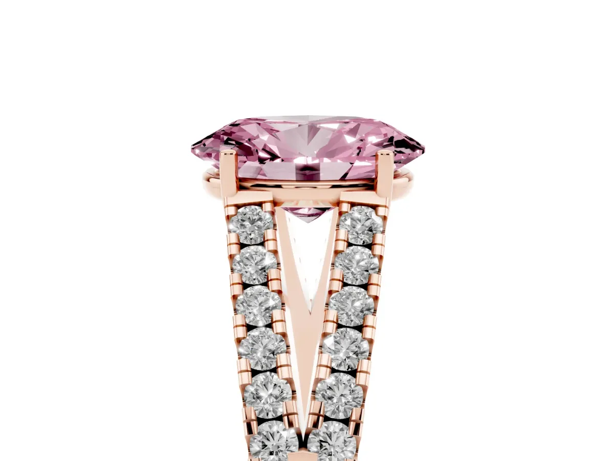 Fancy Pink Oval Cut Diamond Split Shank Engagement Ring with Round Pavé and Prong Setting Rose gold