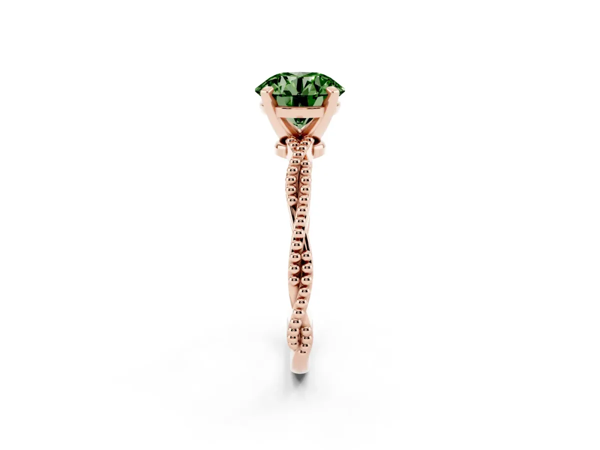 Fancy Green Round Cut Solitaire Twisted Band with Bead Prong Setting Rose gold