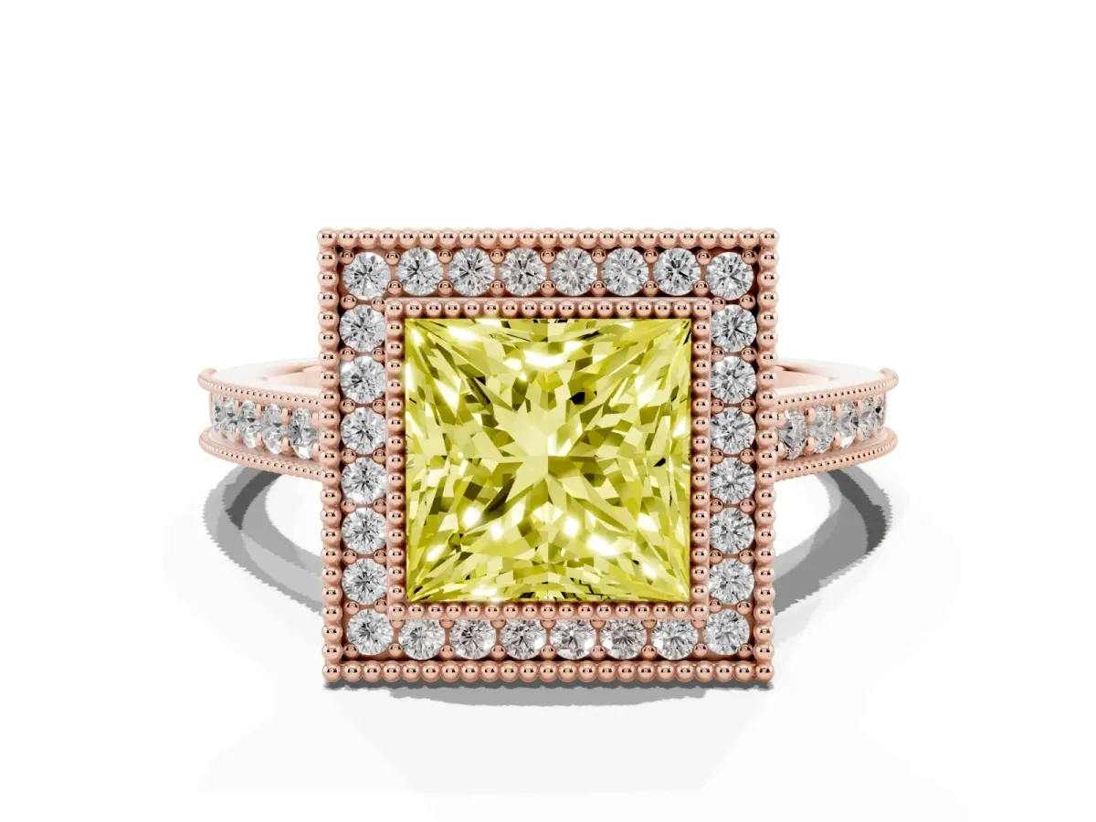 Fancy Yellow Halo Princess Cut-Cut Diamond Pave Band Milgrain Prong Setting Ring Rose gold