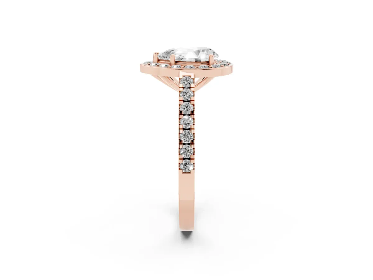 Pear Cut Diamond Halo Ring with Round Pavé Split Shank and Prong Setting Rose gold