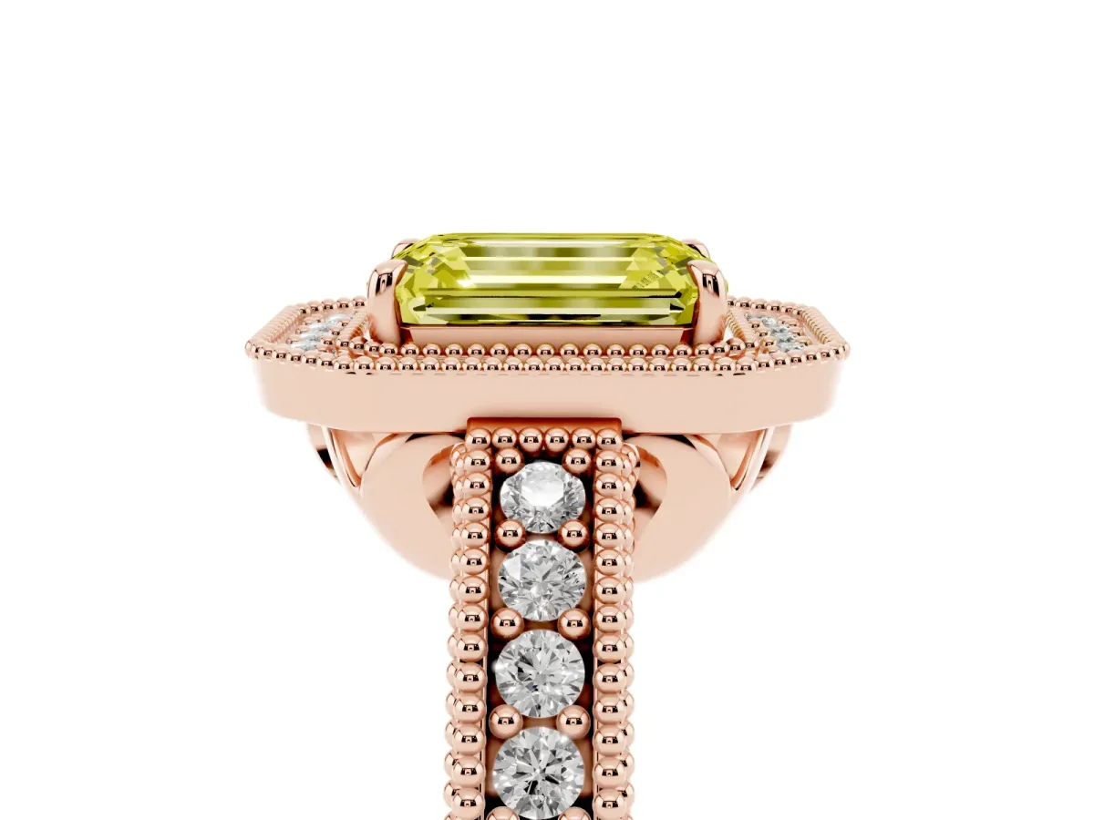 Fancy Yellow Emerald Cut Cut Halo Diamond Ring with Pavé Band and Four-Prong Setting Rose gold