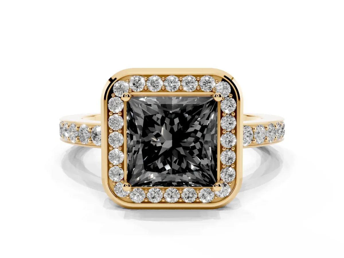 Fancy Black Princess Cut Diamond Halo Ring with Bezel Frame and Pavé Band Yellow gold