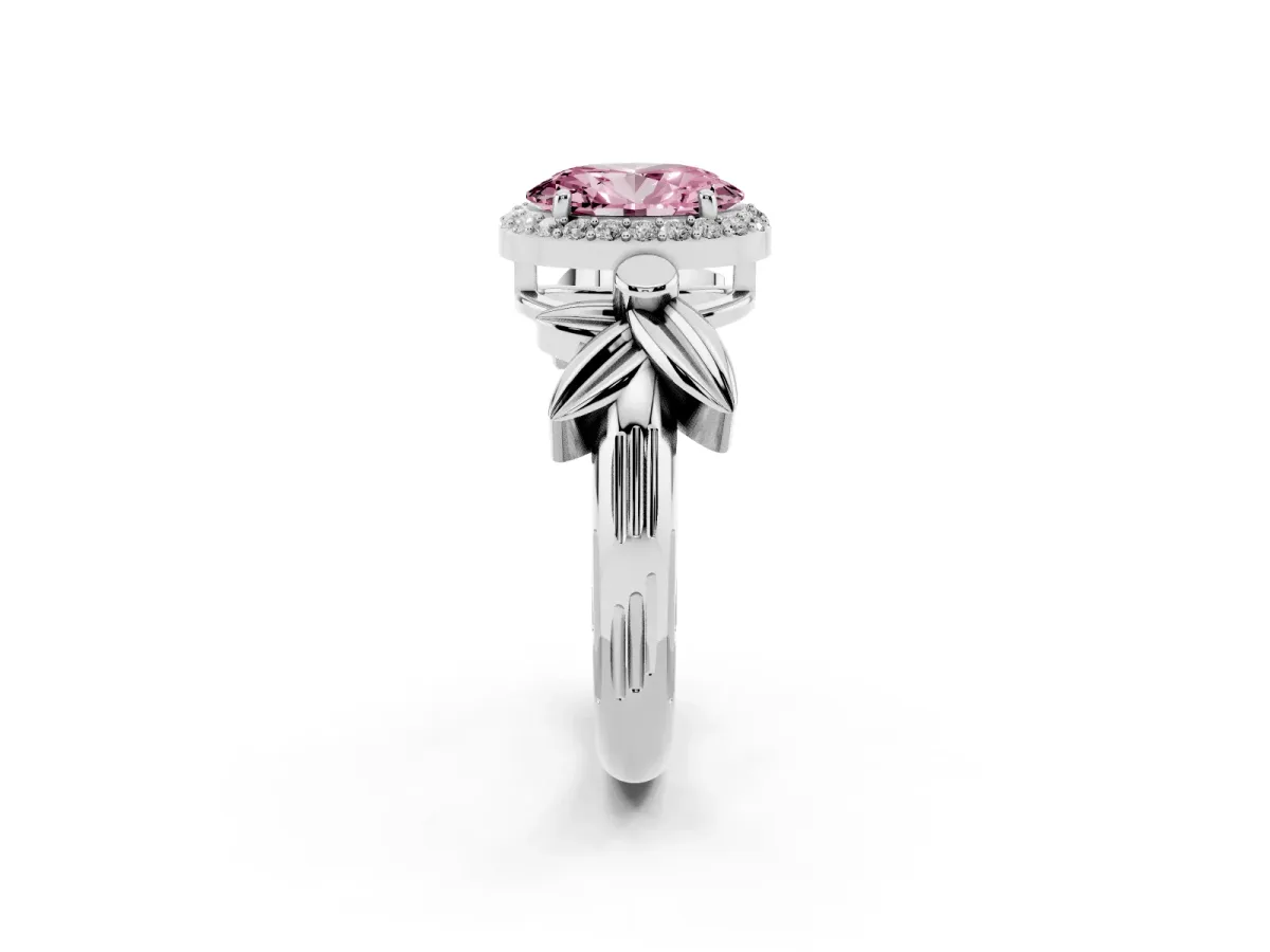 Fancy Pink Oval Cut Halo Diamond Floral Band with Four-Prong Setting Silver