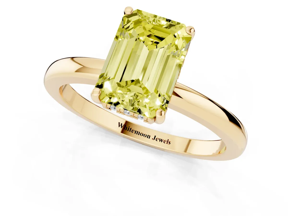 Fancy Yellow Emerald Cut Solitaire Diamond Ring with Prong Setting and Plain Band Yellow gold