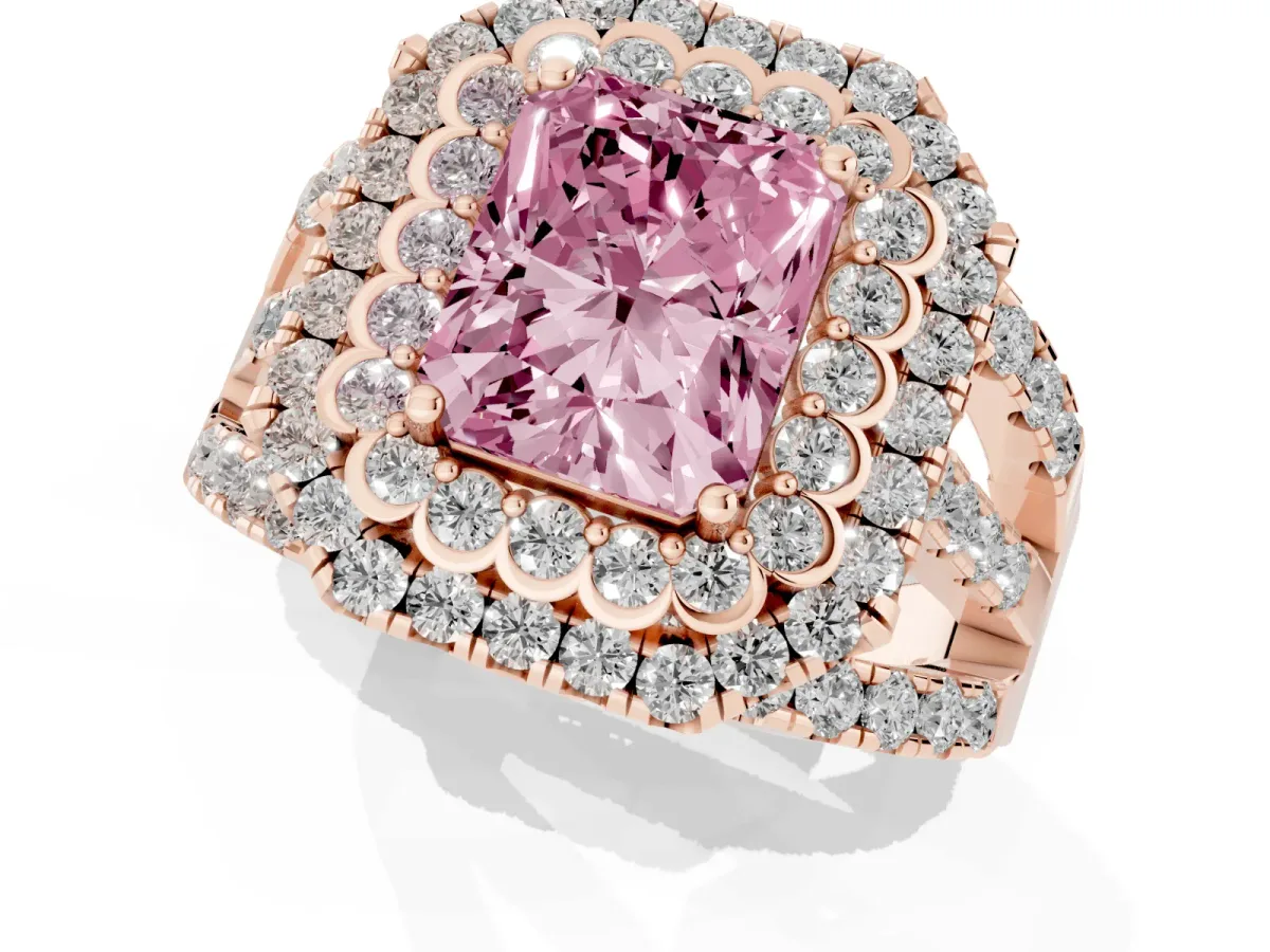 Fancy Pink Radiant Cut Diamond Double Halo Ring with Round Pavé Split Shank and Prong Setting Rose gold
