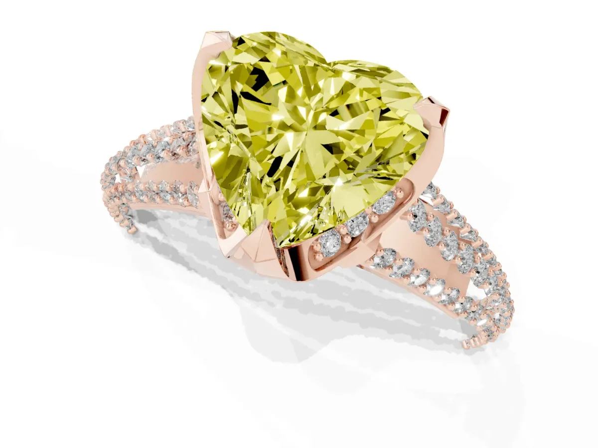 Fancy Yellow Heart Cut Solitaire Pave Split Shank Ring with Four-Prong Setting Rose gold