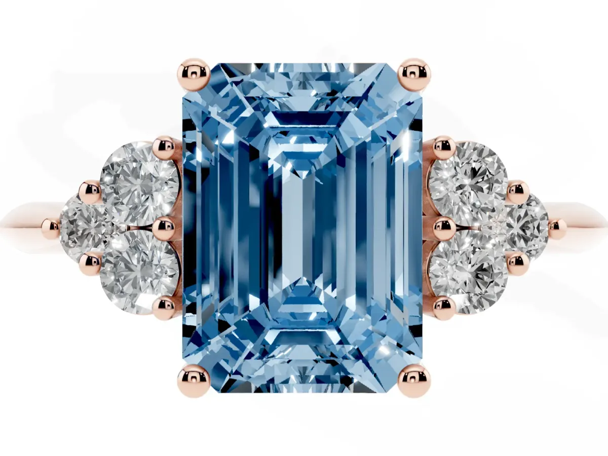 Fancy Blue Emerald Cut Cut Diamond Cluster Ring with Solitaire Band and Four-Prong Setting Rose gold