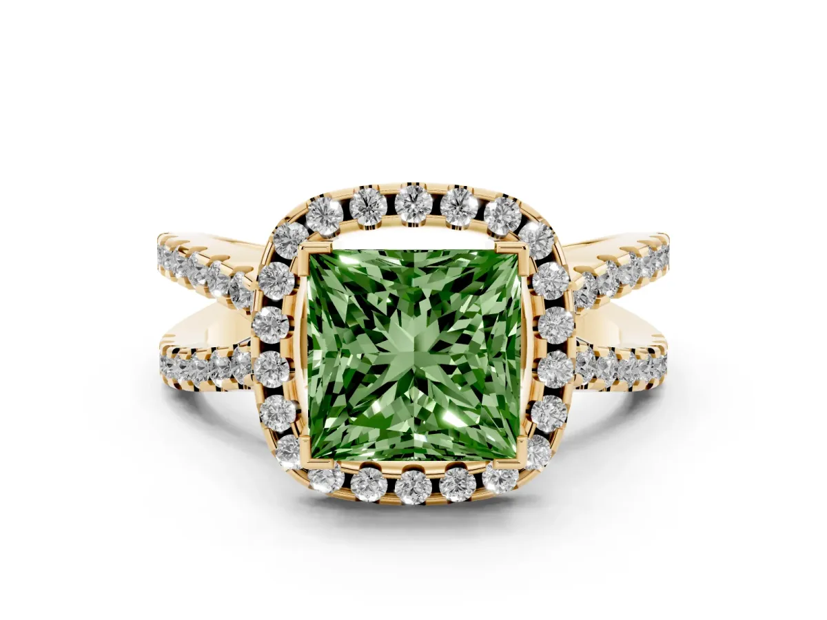 Fancy Green Princess Cut Diamond Halo Ring with Split Shank Pavé Band and Prong Setting Yellow gold