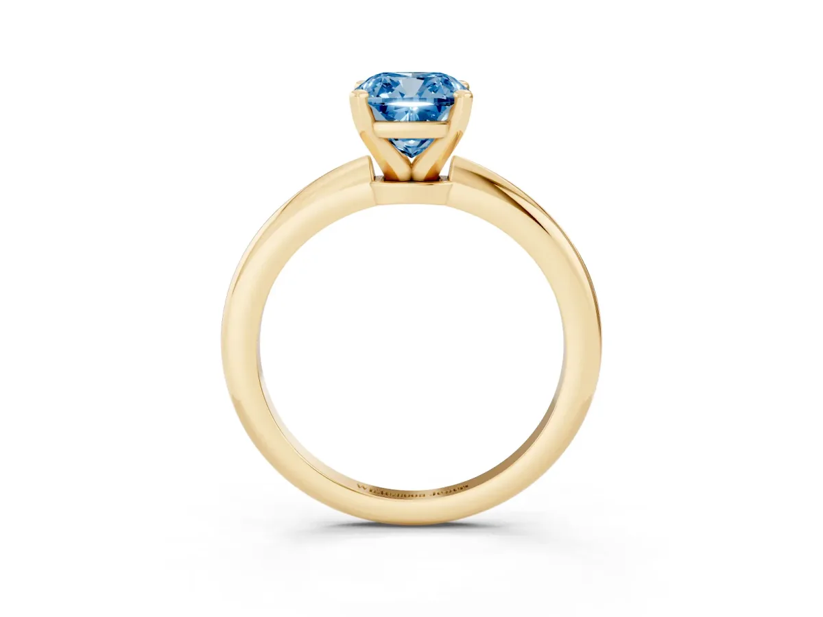 Fancy Blue Cushion Cut Diamond Solitaire Ring with Prong Setting and Classic Band Yellow gold