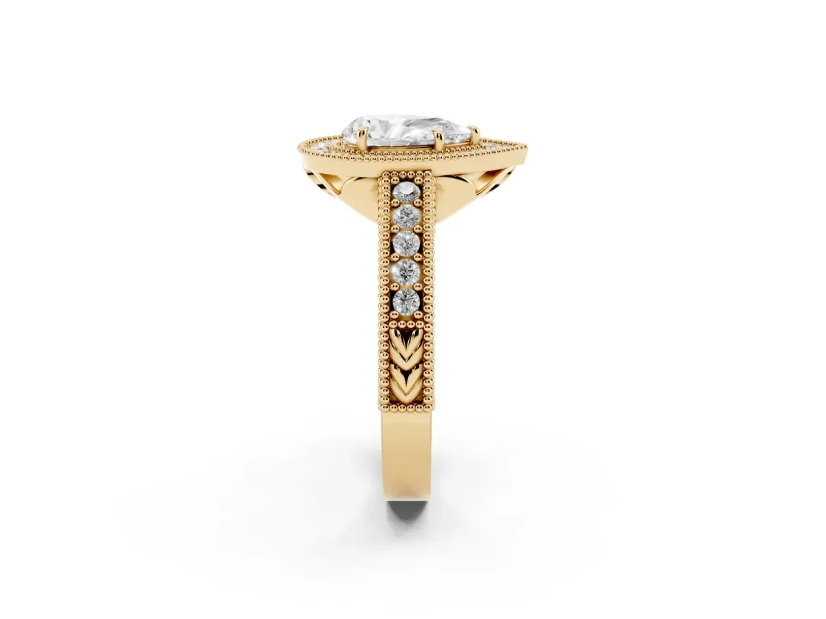 Pear Cut Cut Halo Diamond Ring with Pavé Band and Four-Prong Setting Yellow gold