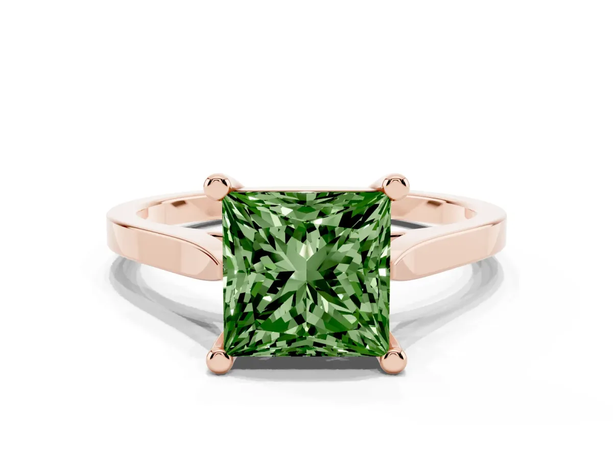 Fancy Green Princess Cut Solitaire Diamond Ring with Four-Prong Setting and Tapered Band Rose gold