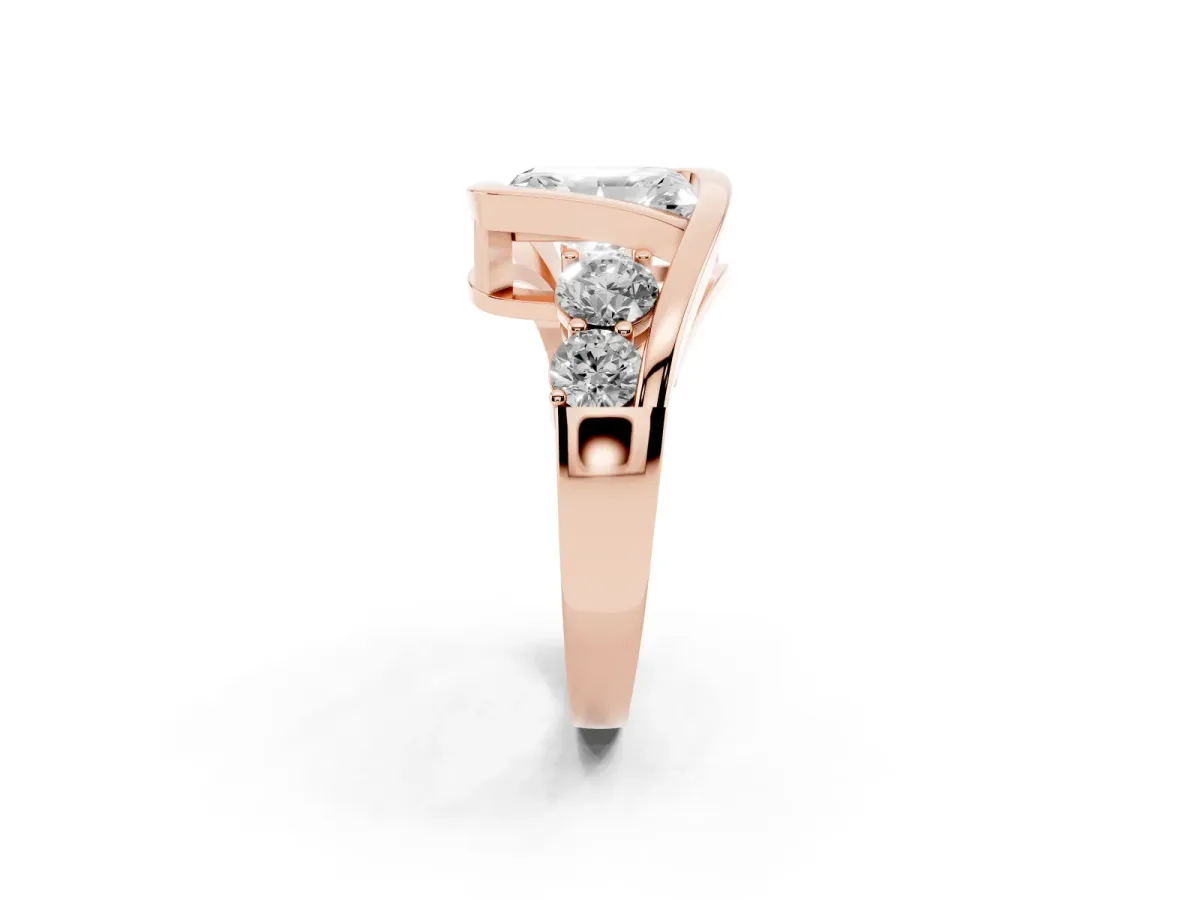 Bezel Set Radiant Cut Diamond Bypass Ring with Round Accents Rose gold