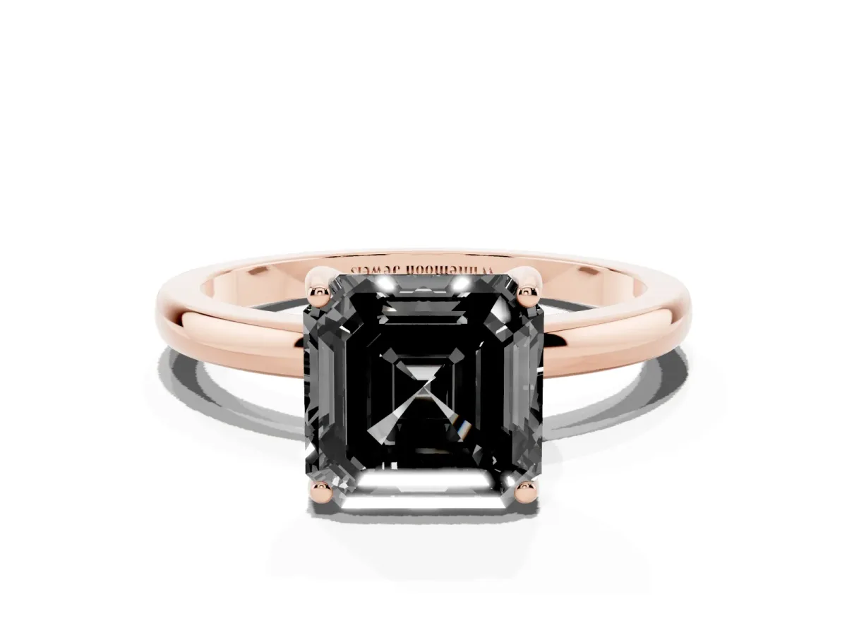 Fancy Black Asscher Cut Solitaire Diamond Ring with Prong Setting and Plain Band Rose gold