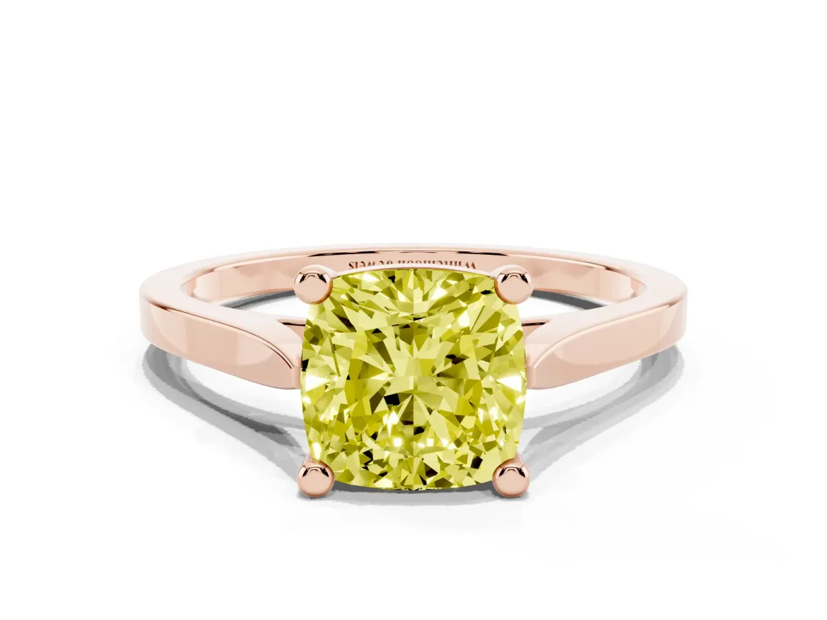 Fancy Yellow Cushion Cut Solitaire Diamond Ring with Four-Prong Setting and Tapered Band Rose gold
