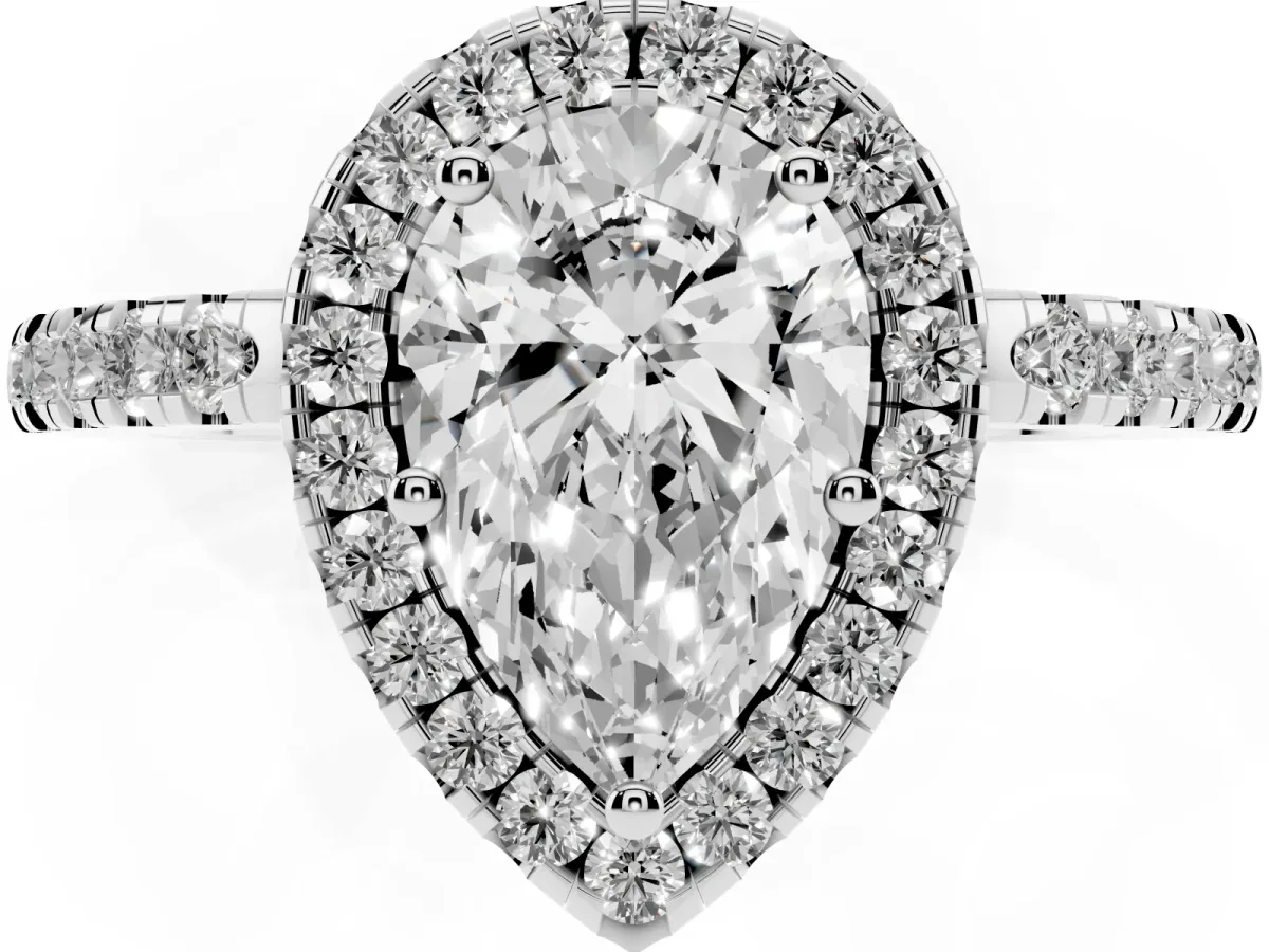Pear Cut Halo Diamond Engagement Ring with Pavé Band and Four-Prong Setting White gold