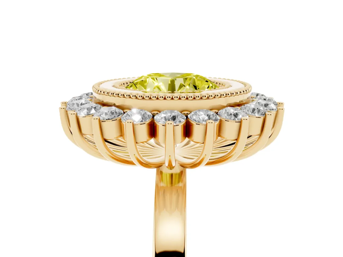 Fancy Yellow Round Cut Halo Diamond Ring with Milgrain Edge and Round Prong Setting Yellow gold