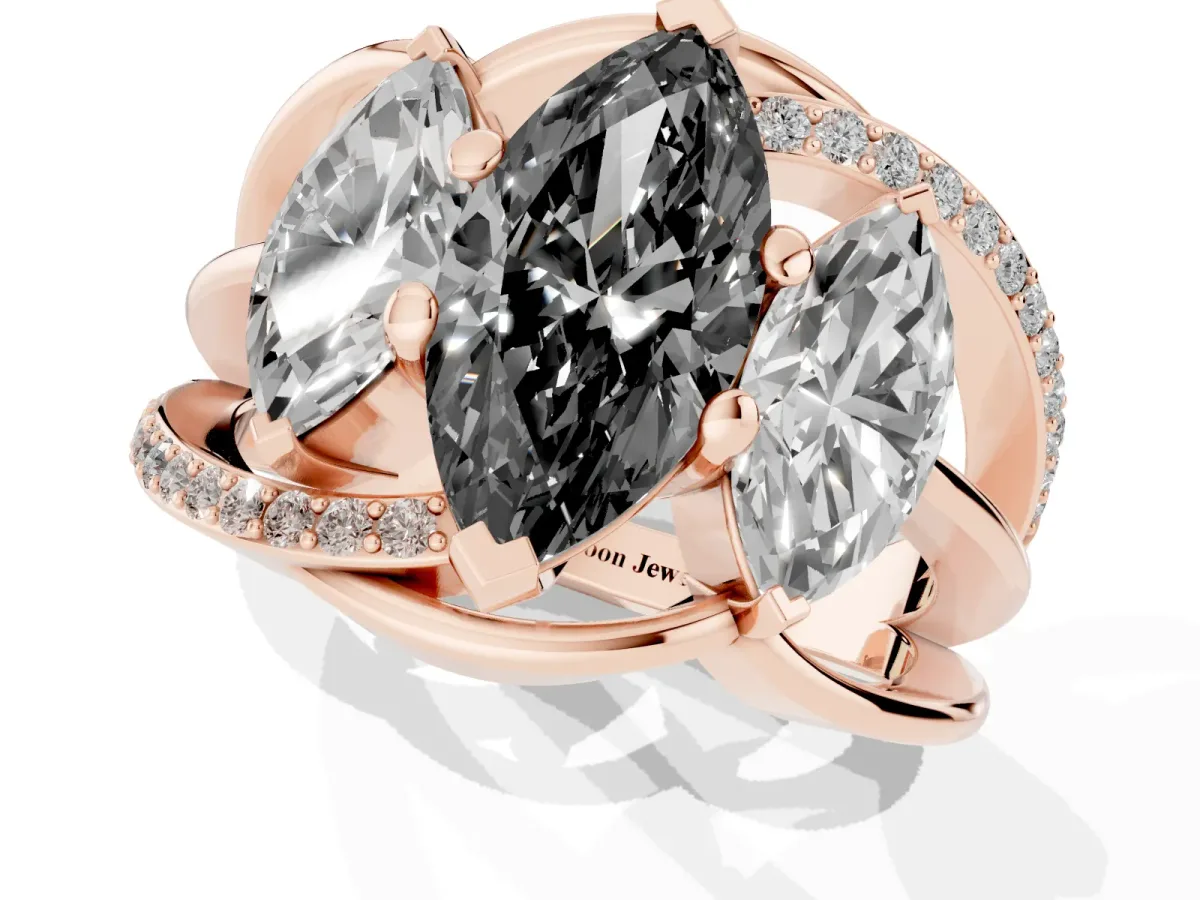 Fancy Black Three-Stone Marquise Cut Cut Diamond Split Shank Prong Set Ring Rose gold
