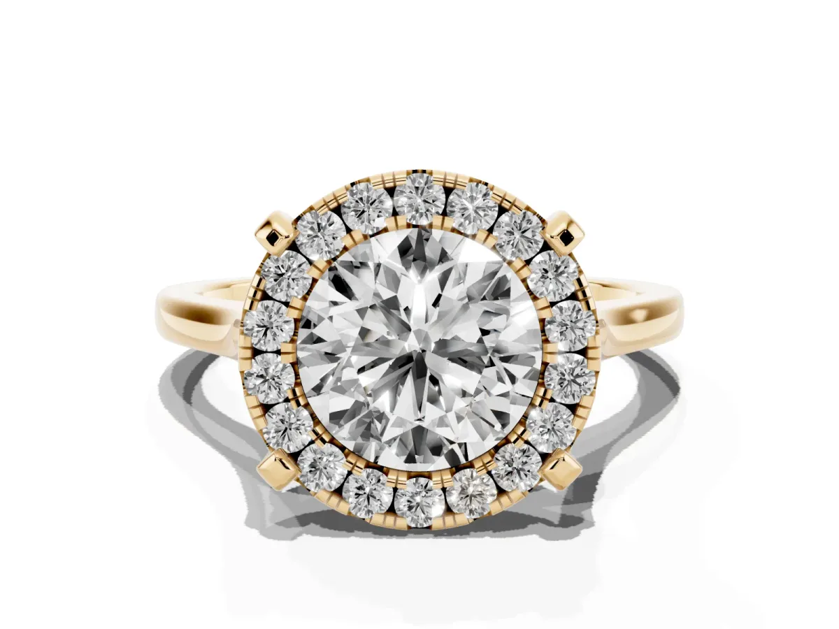 Round Cut Diamond Cluster Halo Solitaire with Four-Prong Setting Yellow gold