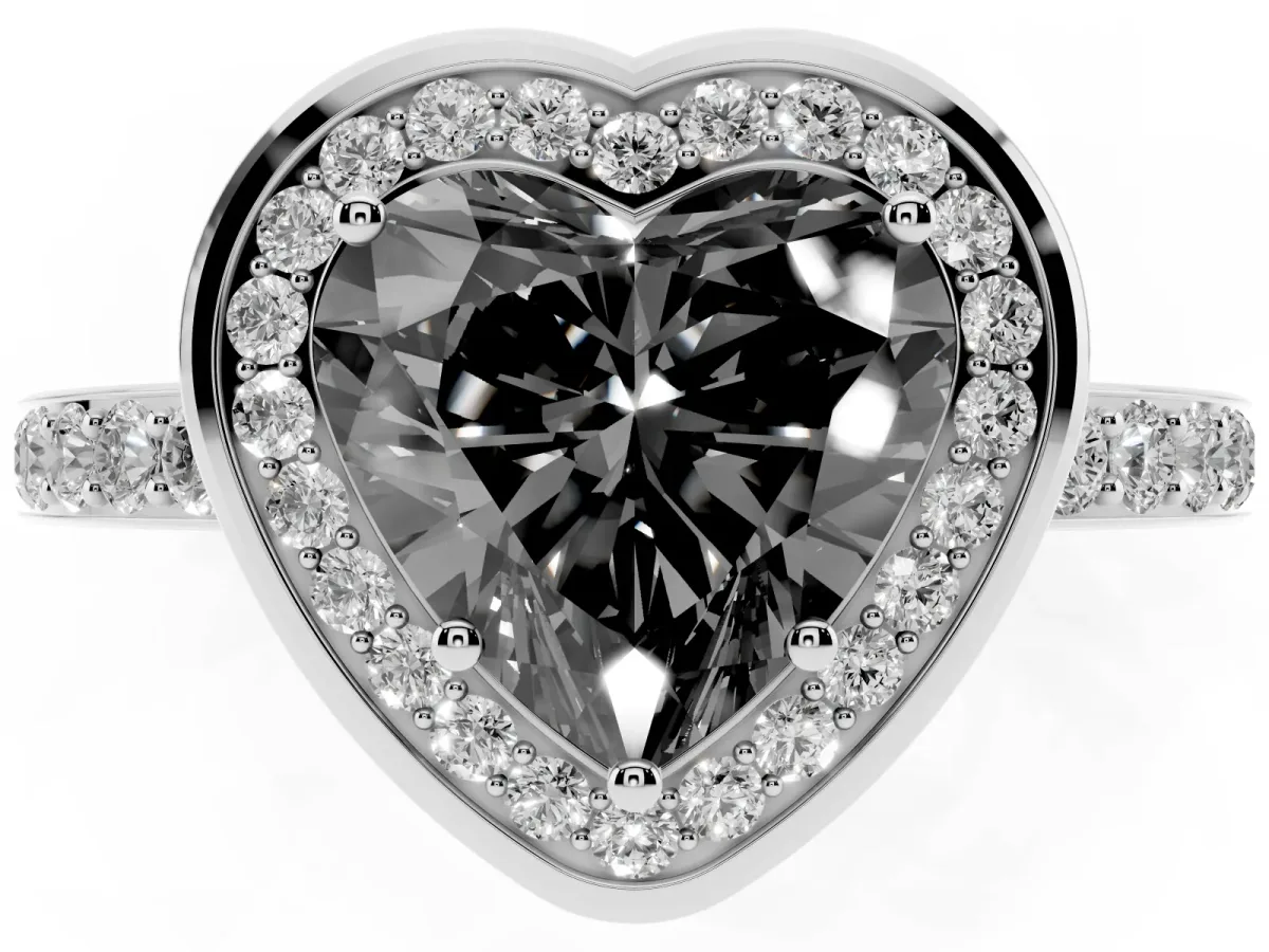 Fancy Black Heart Cut Diamond Halo Ring with Bezel Frame and Pavé Band Silver
