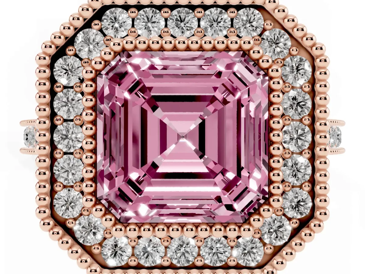 Fancy Pink Asscher Cut Diamond Halo Ring with Milgrain Frame and Pavé Band Rose gold