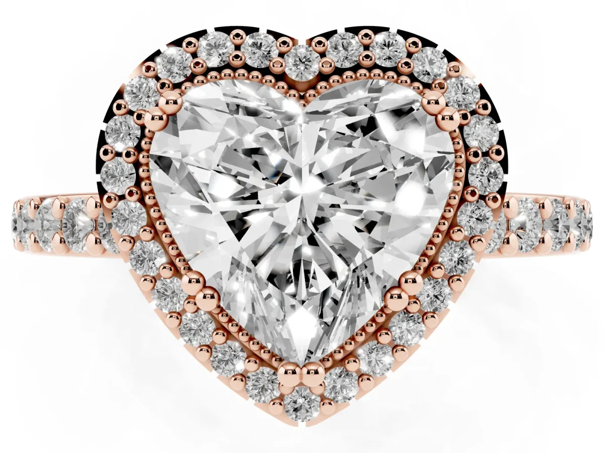 Heart Cut Cut Diamond Halo Engagement Ring with Milgrain Detail and Pavé Band Rose gold
