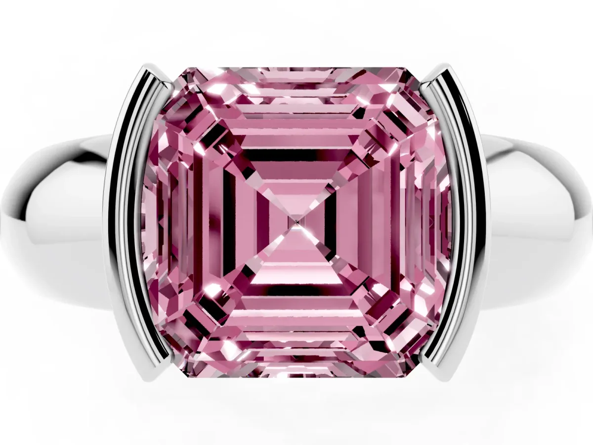 Fancy Pink Asscher Cut Solitaire Tension Set Diamond Ring with Wide Band Silver