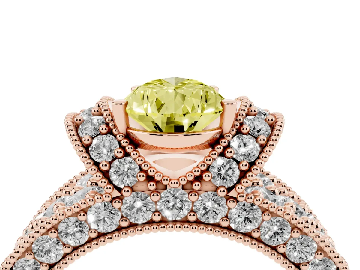 Fancy Yellow Pear Cut Halo Pave Diamond Engagement Ring with Milgrain Detailing Rose gold